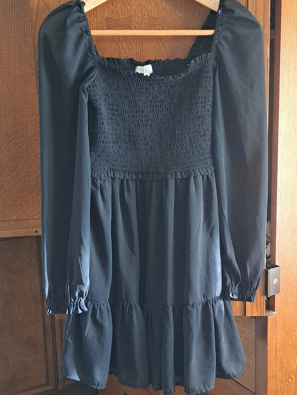 Beyond Words Square Neck Mini Dress Black Sheer Tiered Ruffle Puff Sleeve